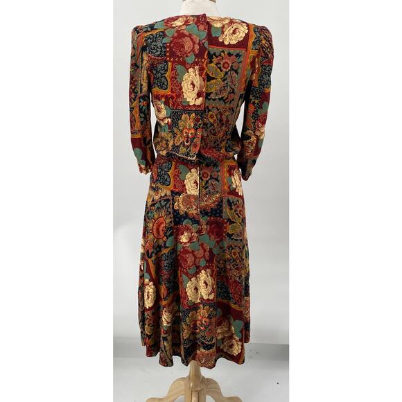 Vintage 80s Floral Paisley Patchwork Print Midi Dress Cinched Waist Blouson 8 - Picture 6 of 9